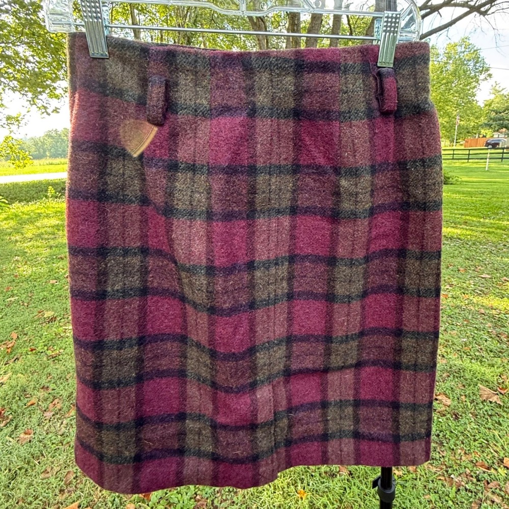 Eddie Bauer Womens Plaid Wool Blend Wrap Skirt Burgundy Green Size 8 Vintage - Picture 2 of 9